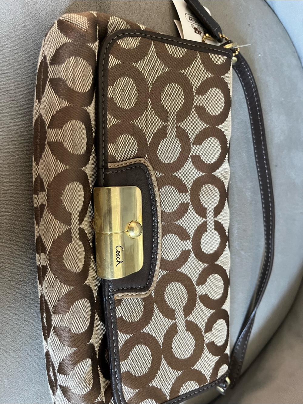 Coach Brown and Cream Signature Canvas Shoulder Bag with Gold Hardware
